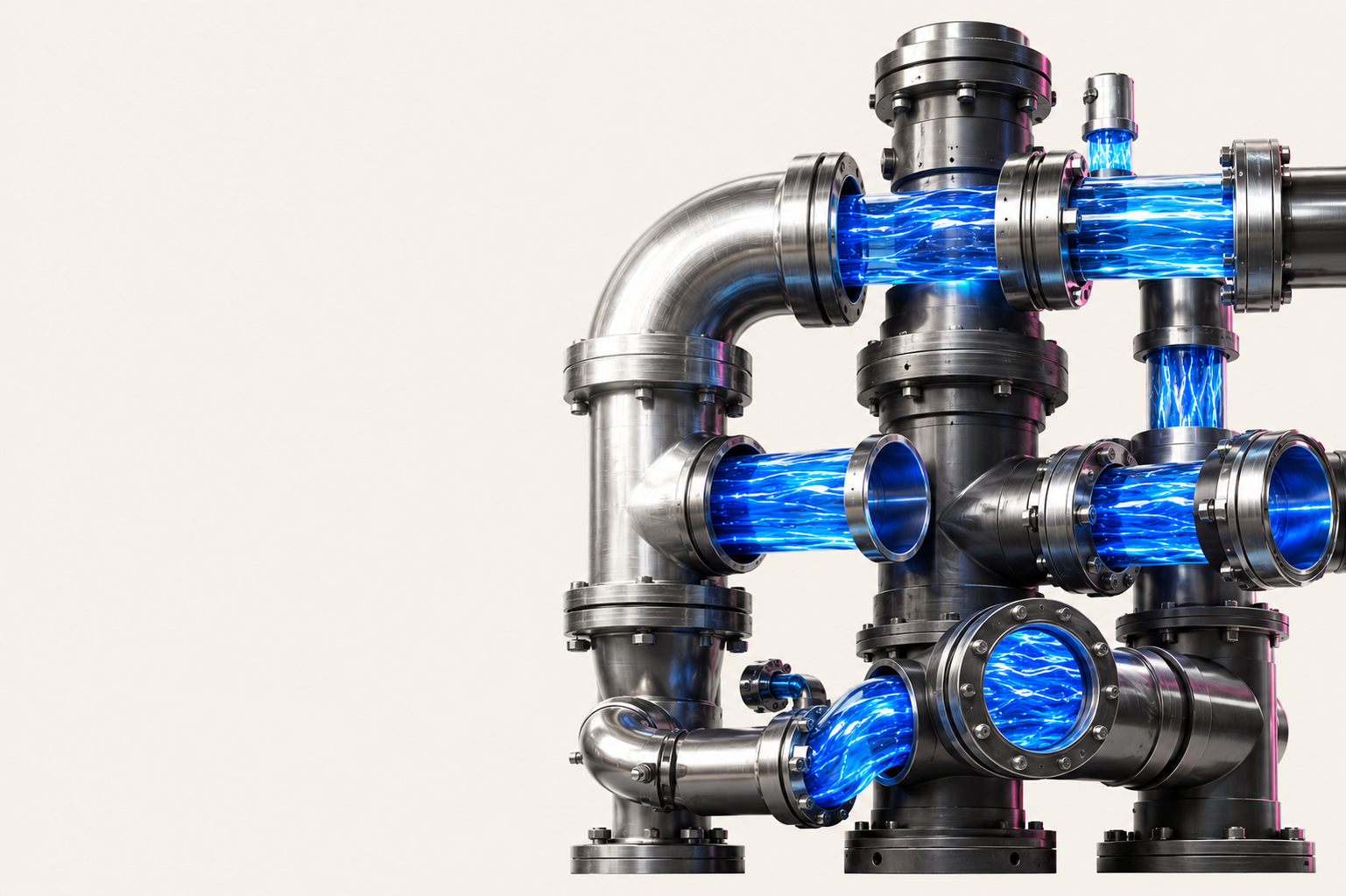 Metal plumbing system with visible blue water flow